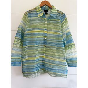 CitiKnits Sheer Striped Blouse Blue Green Yellow Coastal Grandma Y2K Top Beachy